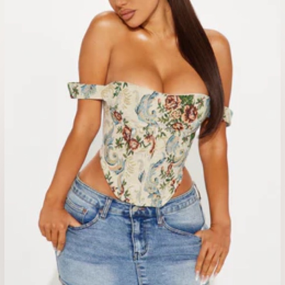 Fashion Nova Floral Off-Shoulder Blouse - Cream and Green